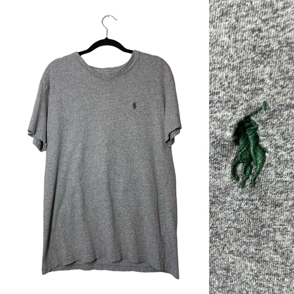 Polo Ralph Lauren Mens Gray V-Neck T-Shirt Green Pony Sz Small Short Sleeve